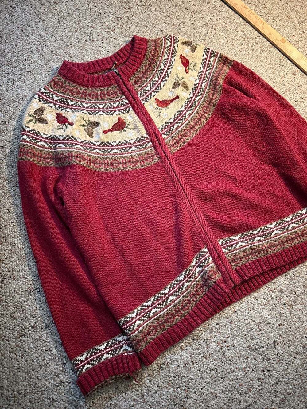 Croft & Barrow Cardinal Bird Fair Isle‎ Full Zip Cardigan Sweater
